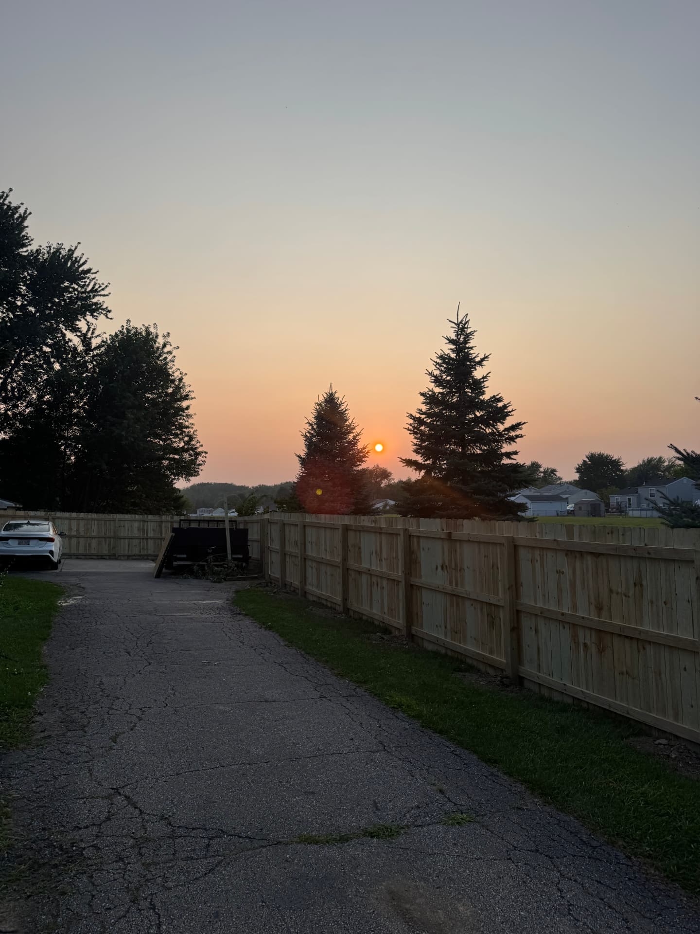 New wood privacy fence along a driveway at sunset in a Toledo-area neighborhood