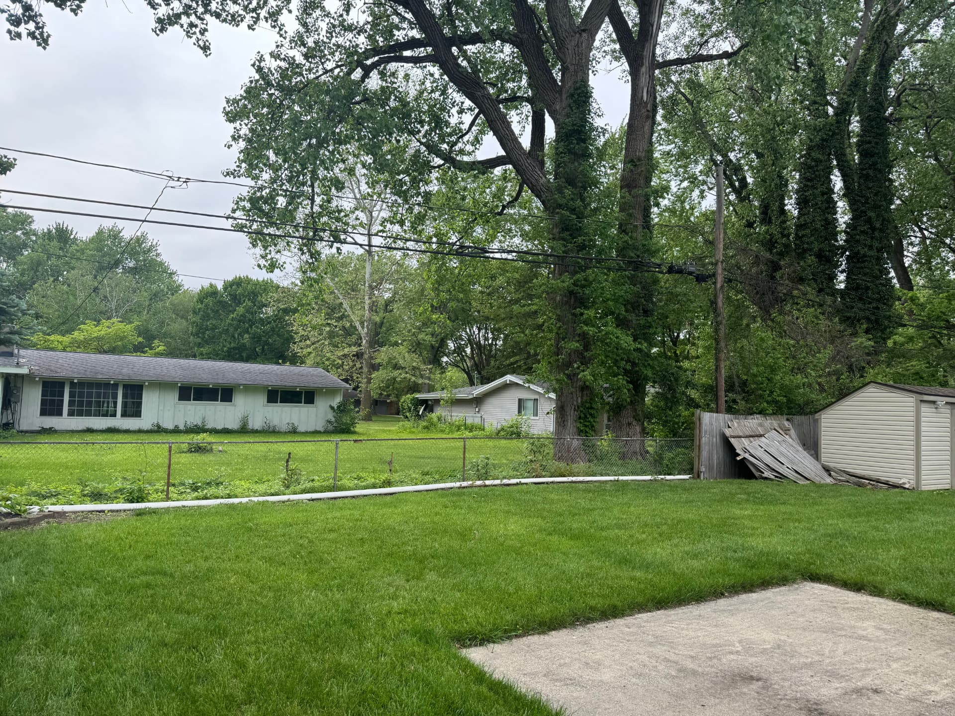 Back yard with old chain link fence and collapsed wood panels before replacement