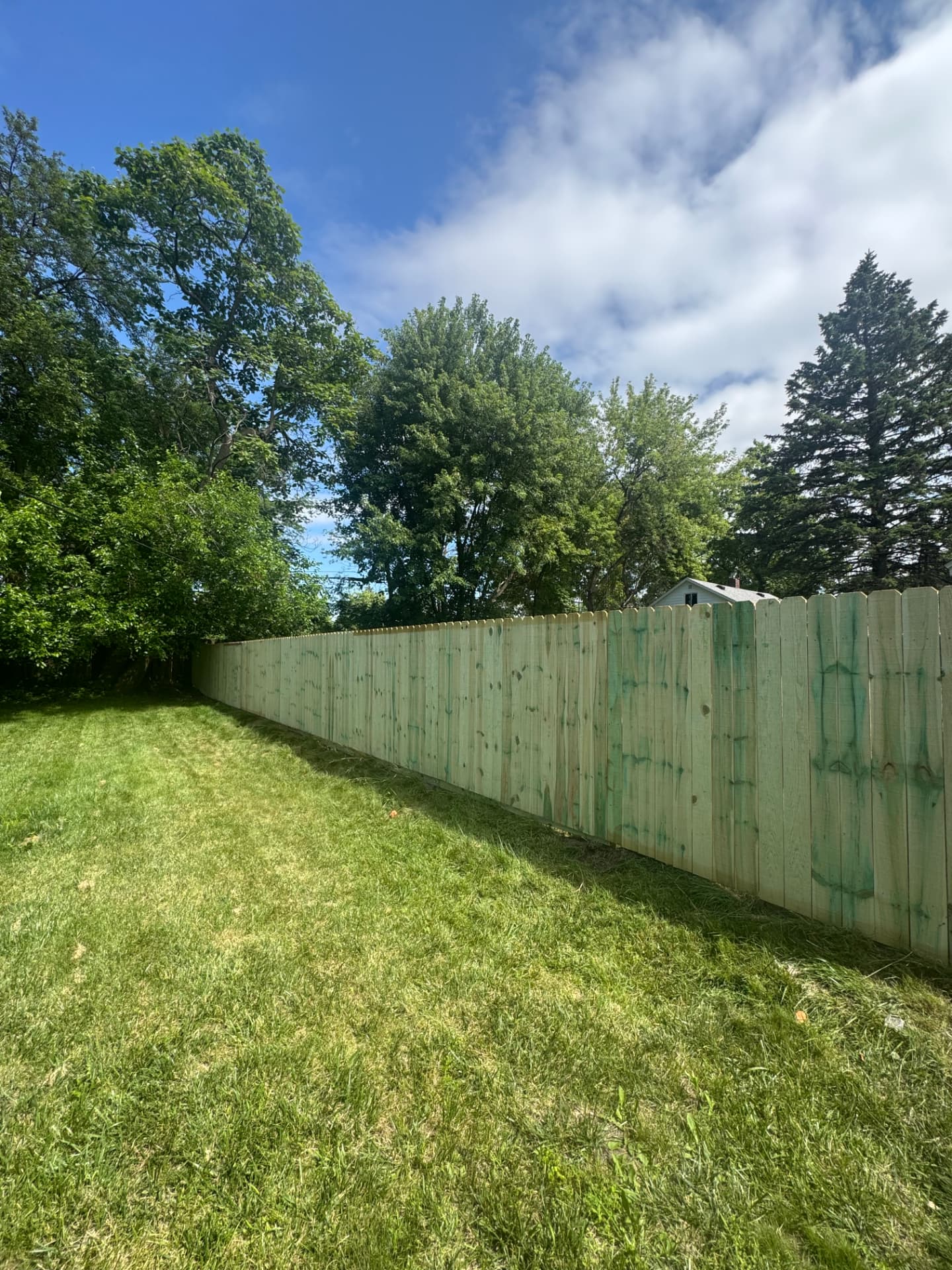 New treated wood privacy fence enclosing a large mowed back yard