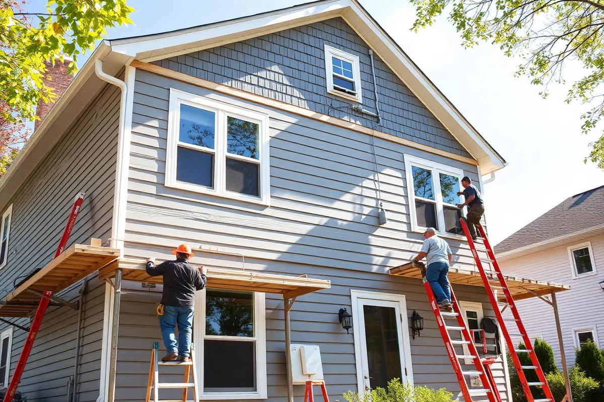 Crew installing gray vinyl siding and replacement windows on a two-story home in the Toledo area