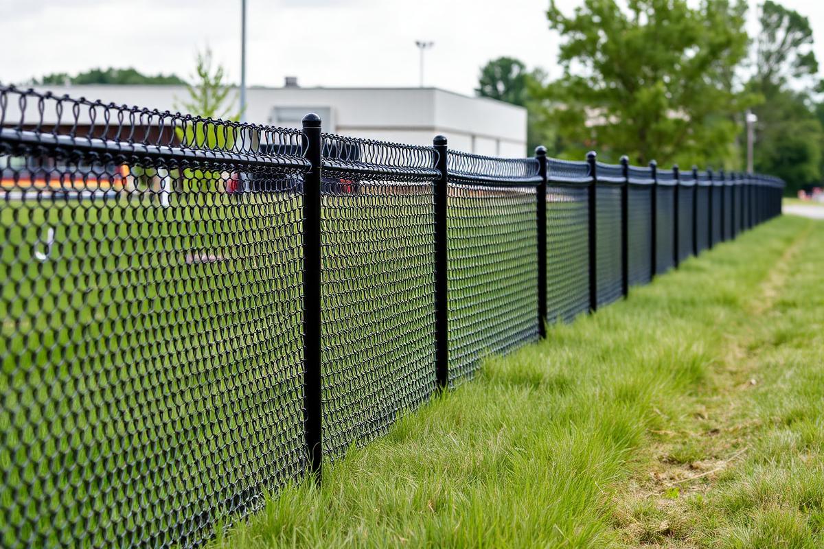 Newly installed black chain-link and aluminum fence line along a commercial property in Holland, Ohio